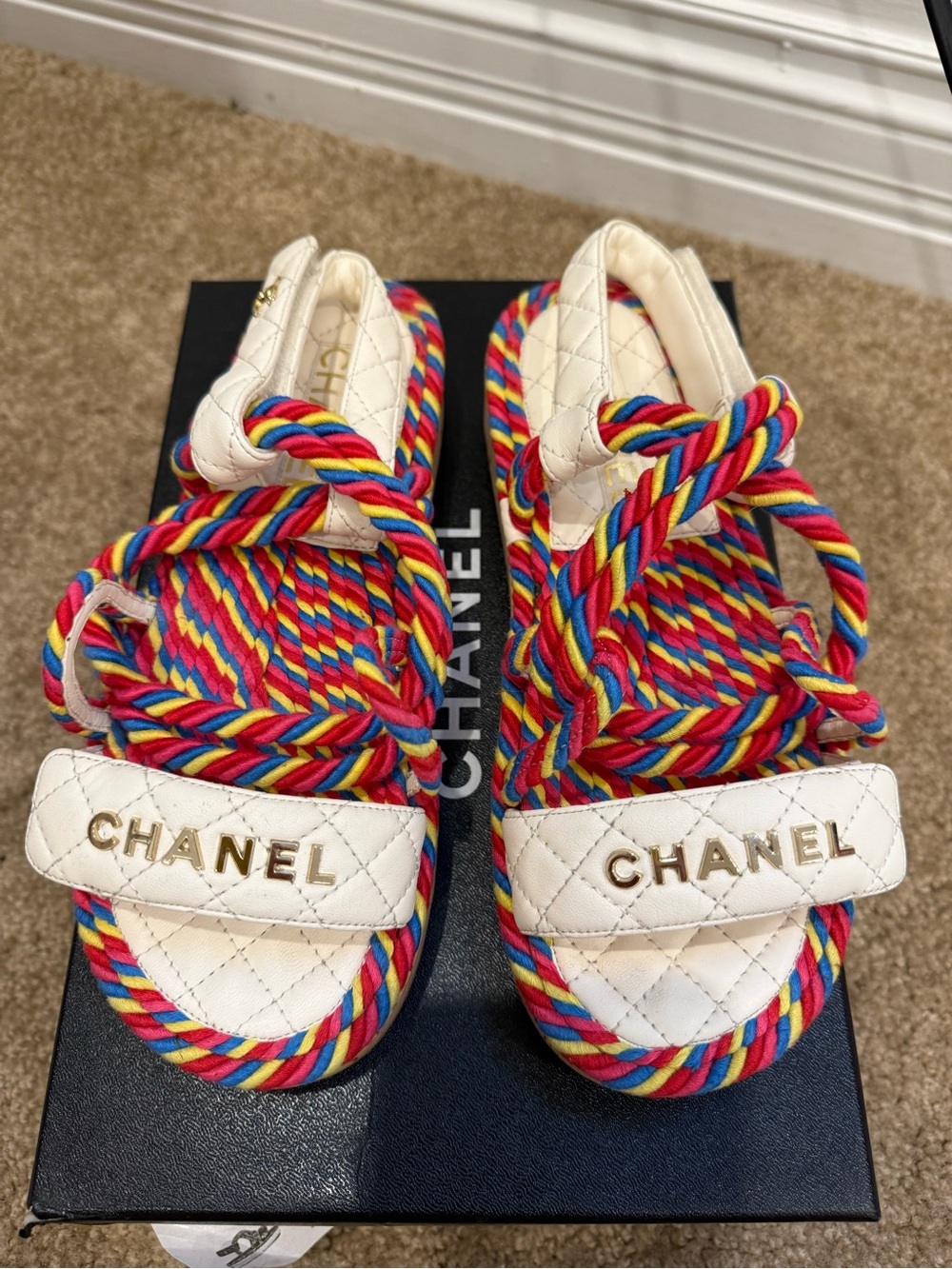 CHANEL Multicolor Rope Quilted Sandals Gold Logo Size 37 EU Excellent Condition